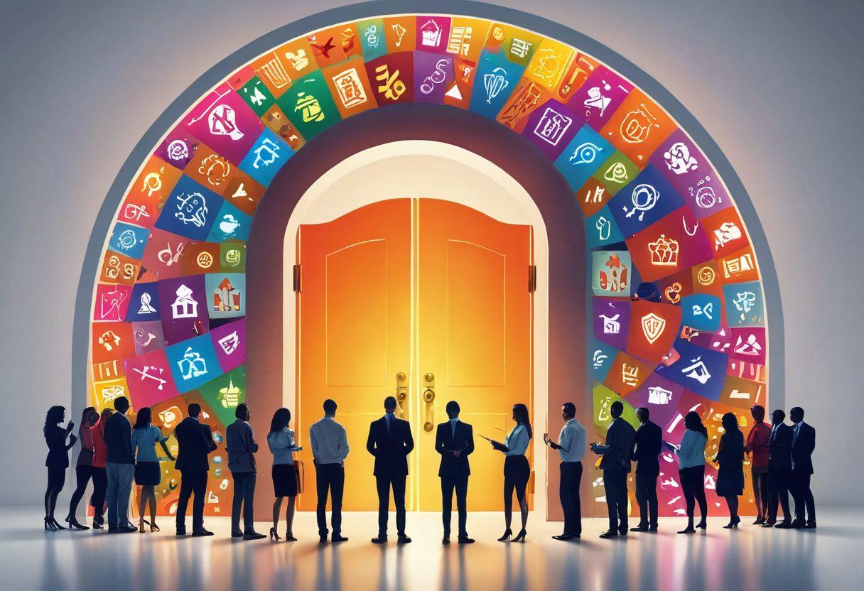 A mysterious open door leading into a glowing vault filled with various insurance policies and symbols of financial security, like a shield and a lock. In the foreground, a diverse group of people eagerly discussing and pointing towards the vault, showcasing unity and knowledge. Bright, inviting colors to create a warm and engaging atmosphere. cartoonish style. vibrant colors. white background.