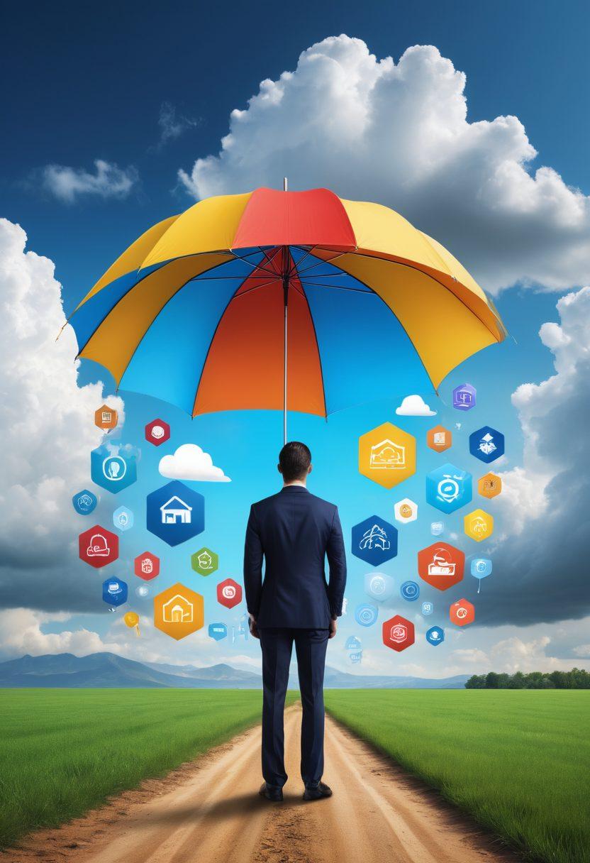 A person standing confidently in front of a vast landscape, holding an umbrella labeled 'Insurance' while diverse icons of various insurance types (health, auto, home, life) float around them. In the background, a distant storm symbolizes risk, contrasting with a clear sky symbolizing security. The scene conveys empowerment in risk management. vibrant colors. 3D.